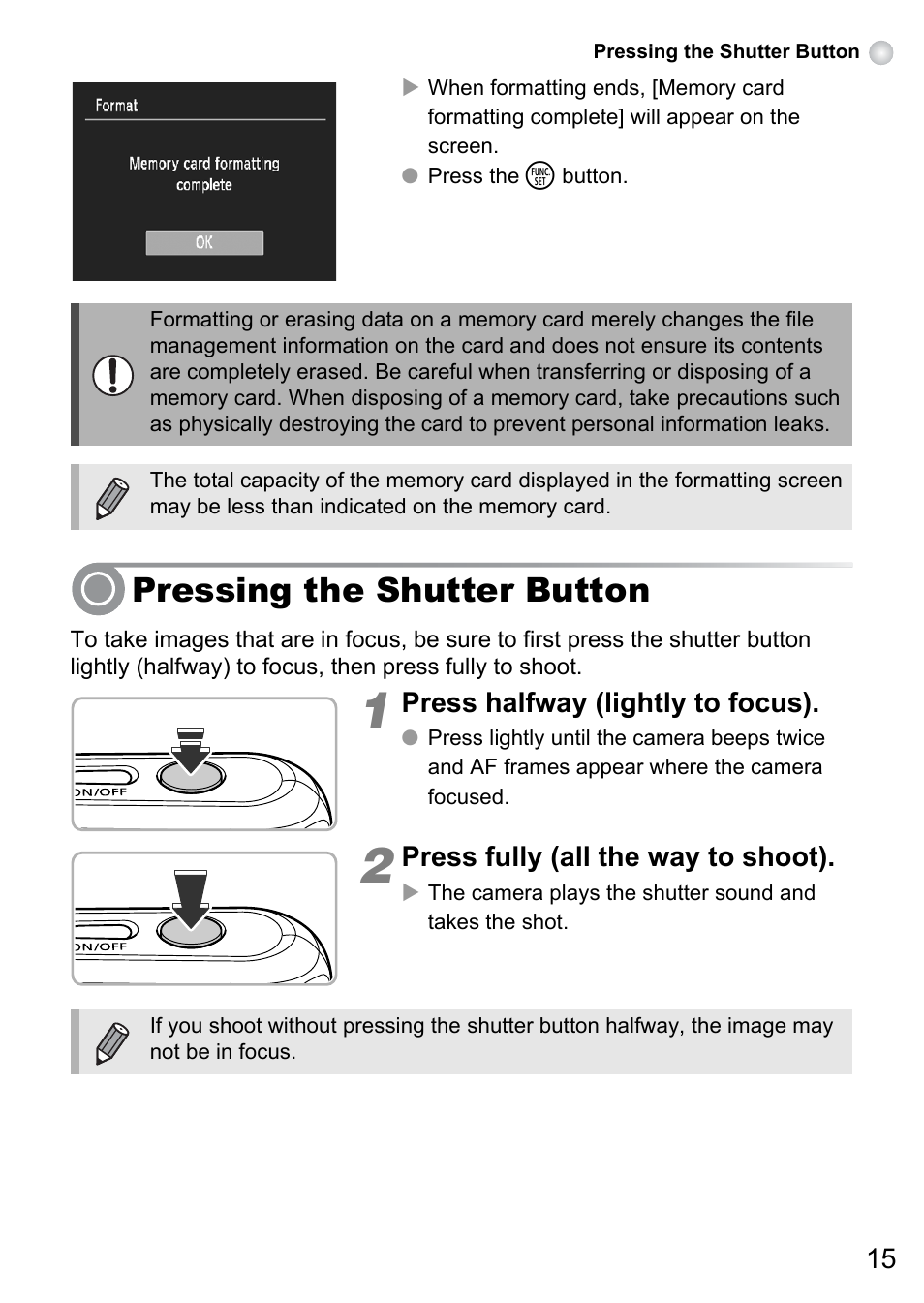 Pressing the shutter button | Canon A495 User Manual | Page 15 / 36
