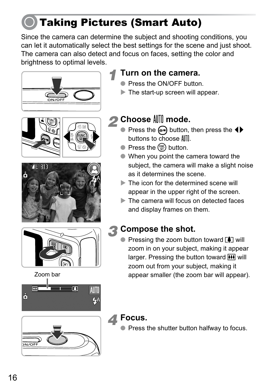 Taking pictures (smart auto) | Canon A495 User Manual | Page 16 / 36