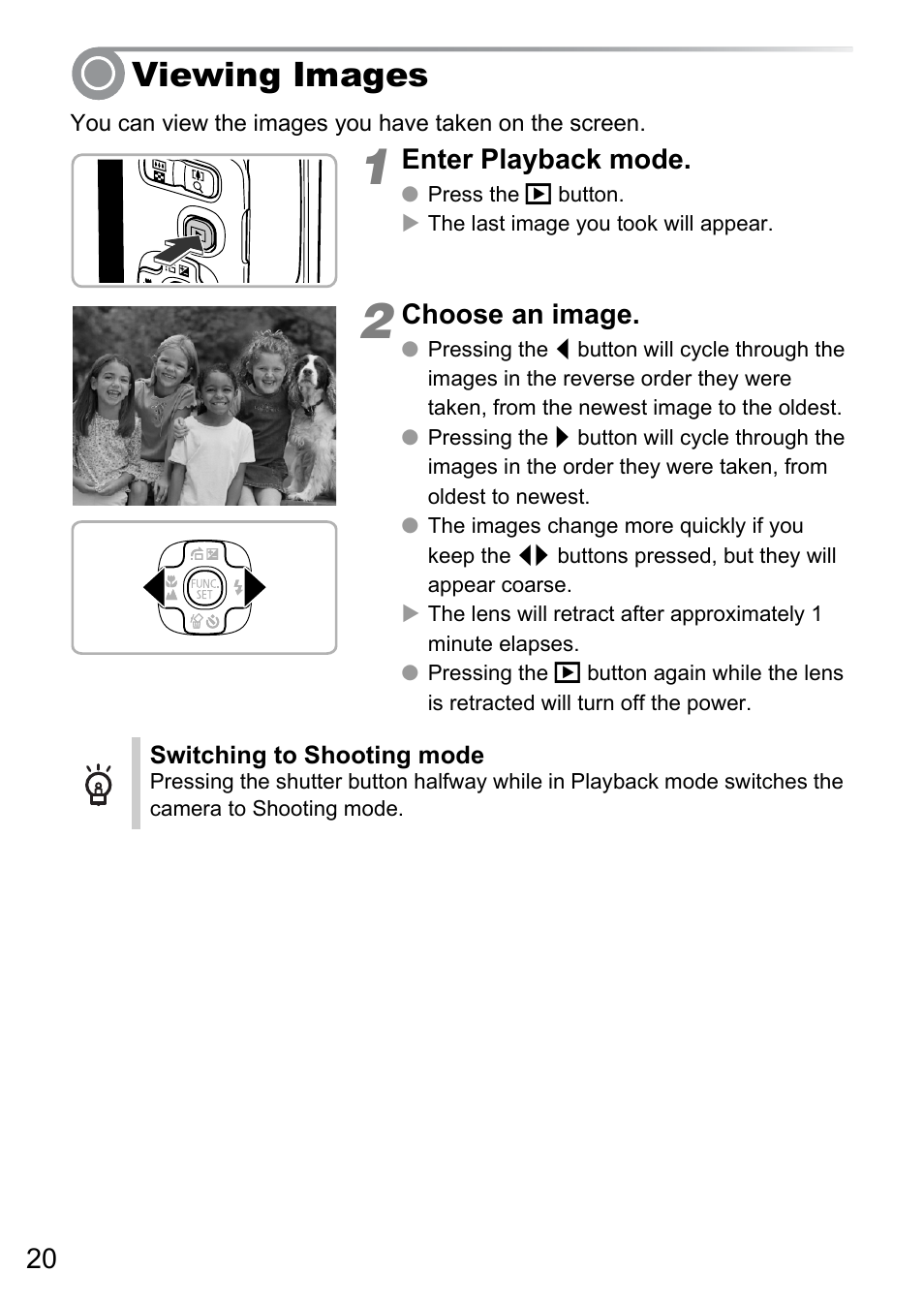 Viewing images, Enter playback mode, Choose an image | Canon A495 User Manual | Page 20 / 36