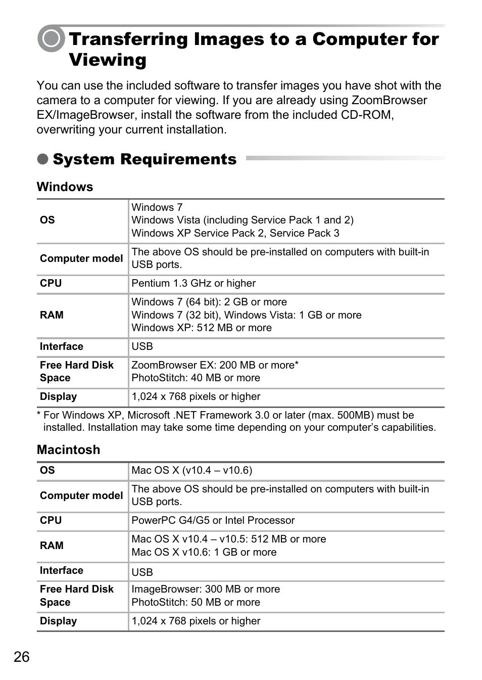 Transferring images to a computer for viewing, System requirements | Canon A495 User Manual | Page 26 / 36
