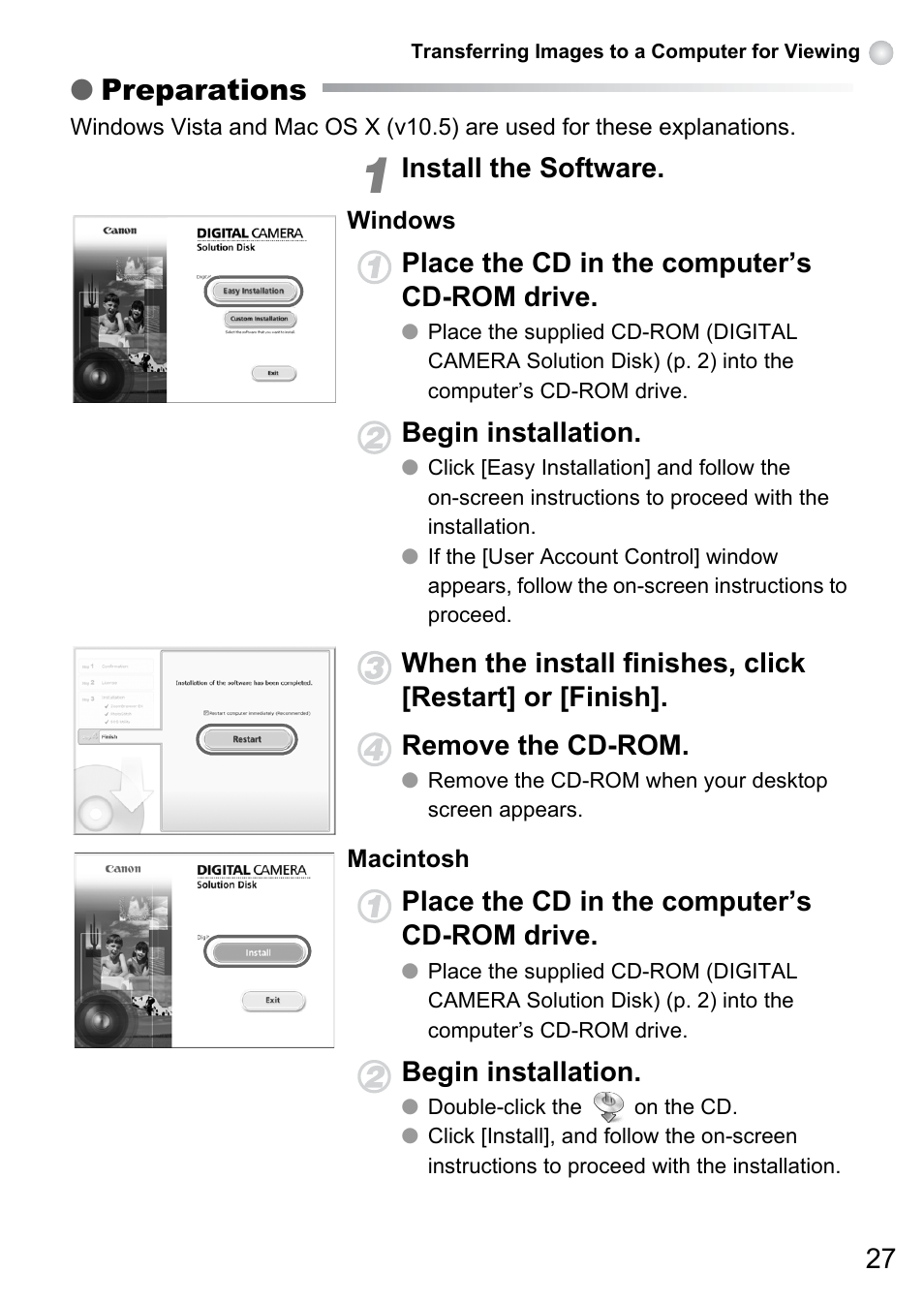 Preparations, Install the software, Place the cd in the computer’s cd-rom drive | Begin installation | Canon A495 User Manual | Page 27 / 36