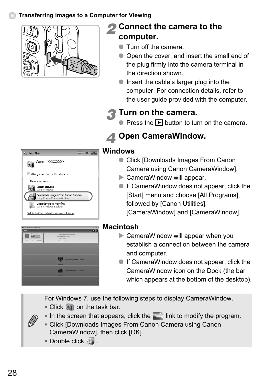 Connect the camera to the computer, Turn on the camera, Open camerawindow | Canon A495 User Manual | Page 28 / 36