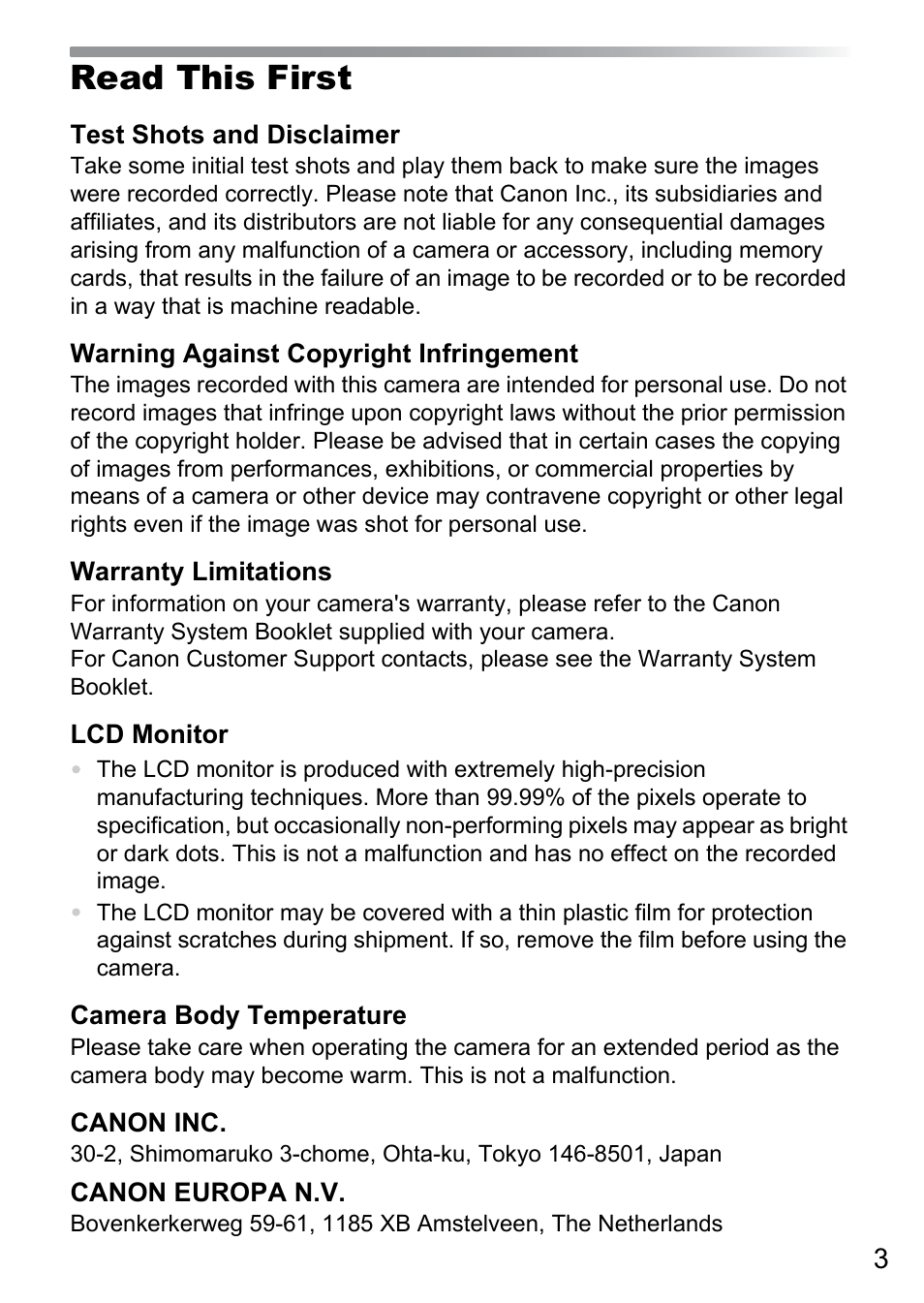 Read this first | Canon A495 User Manual | Page 3 / 36