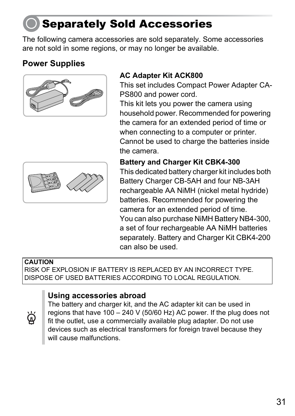 Separately sold accessories | Canon A495 User Manual | Page 31 / 36