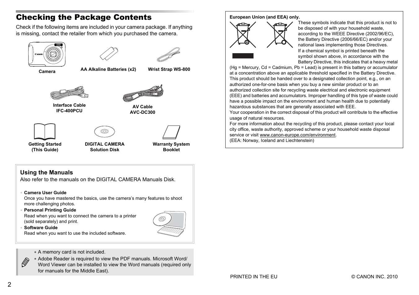 Checking the package contents, Using the manuals | Canon A495 User Manual | Page 35 / 36