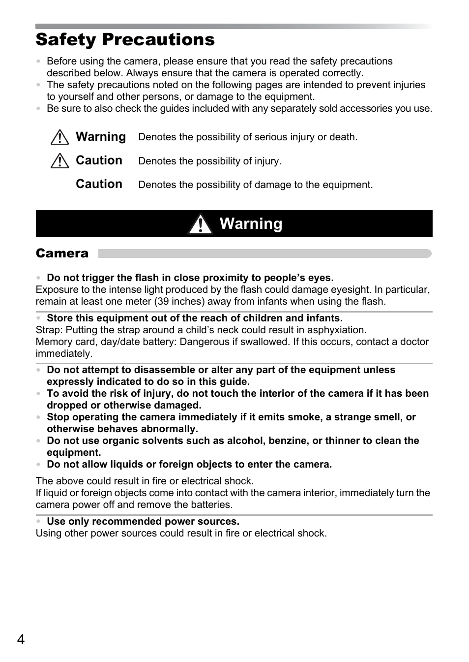 Safety precautions, Warning | Canon A495 User Manual | Page 4 / 36