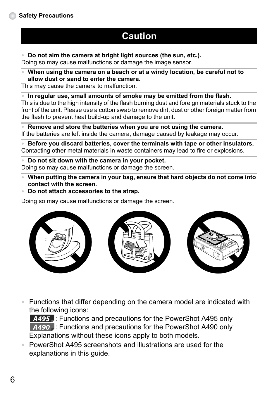 Caution | Canon A495 User Manual | Page 6 / 36