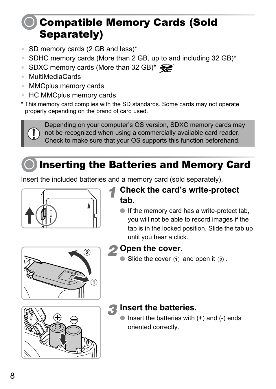 Compatible memory cards (sold separately), Inserting the batteries and memory card | Canon A495 User Manual | Page 8 / 36