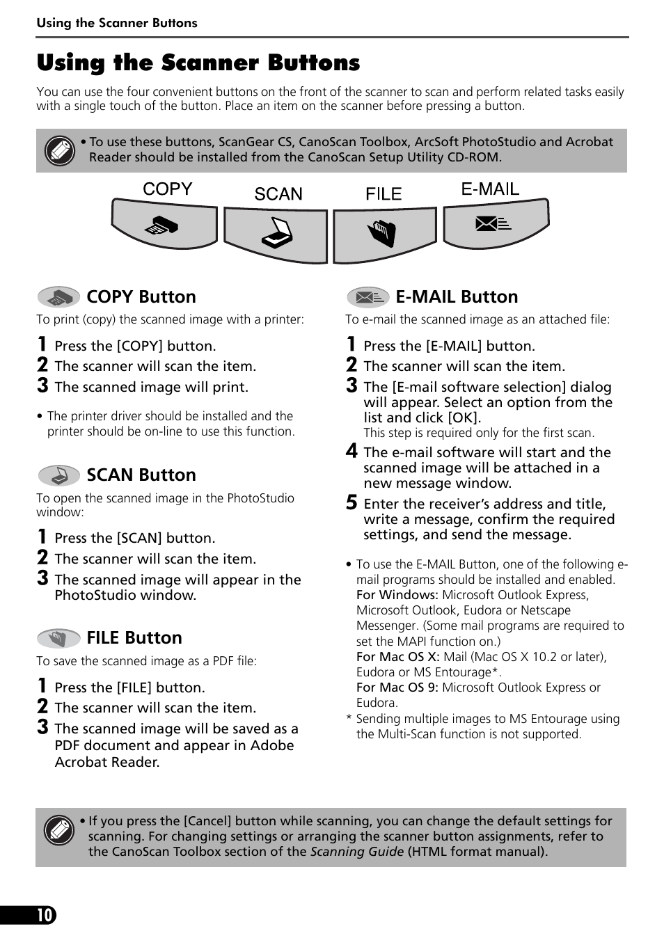 Using the scanner buttons | Canon CanoScan 3200F User Manual | Page 12 / 20