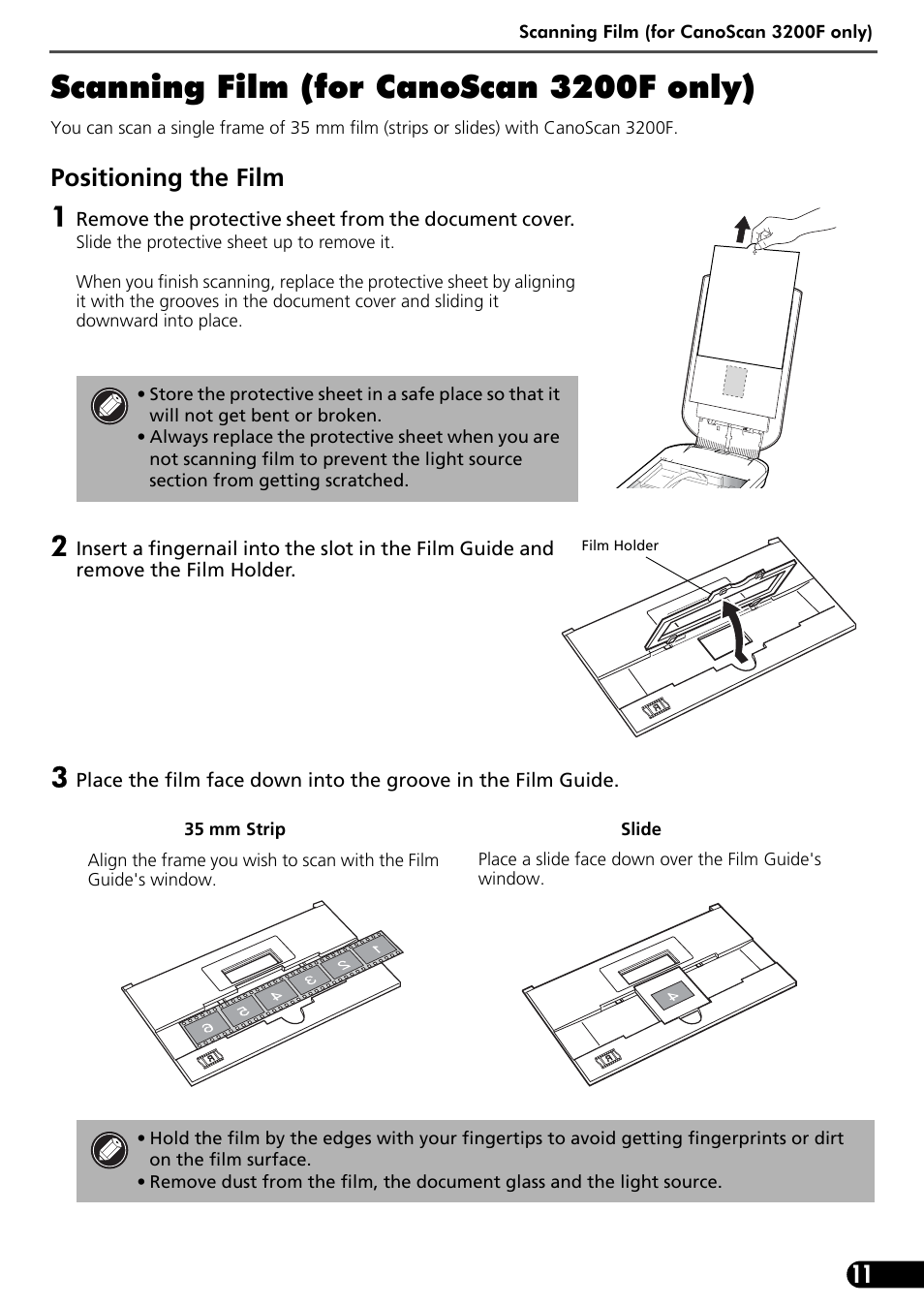 Scanning film (for canoscan 3200f only), Positioning the film | Canon CanoScan 3200F User Manual | Page 13 / 20