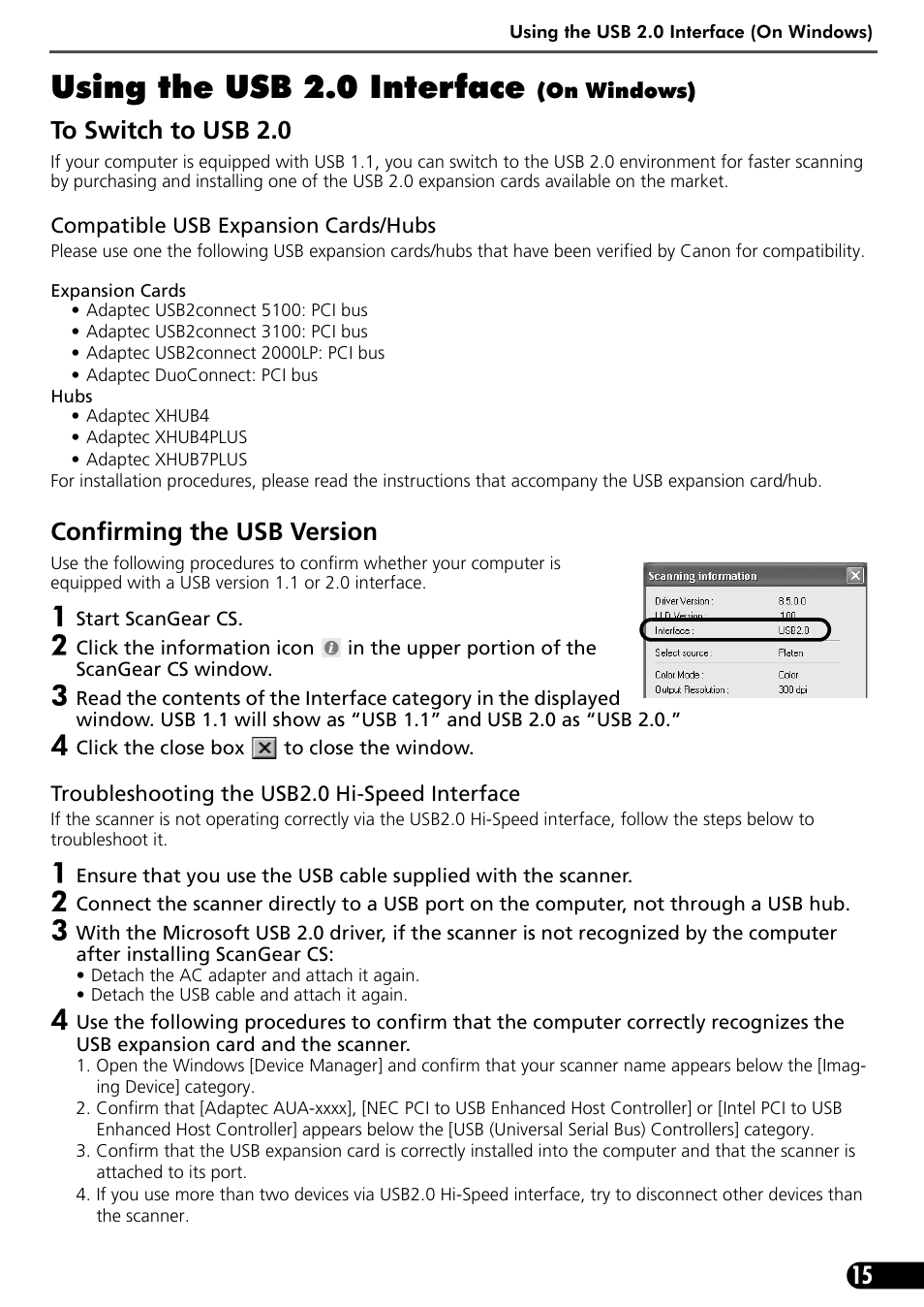 Using the usb 2.0 interface, Confirming the usb version | Canon CanoScan 3200F User Manual | Page 17 / 20