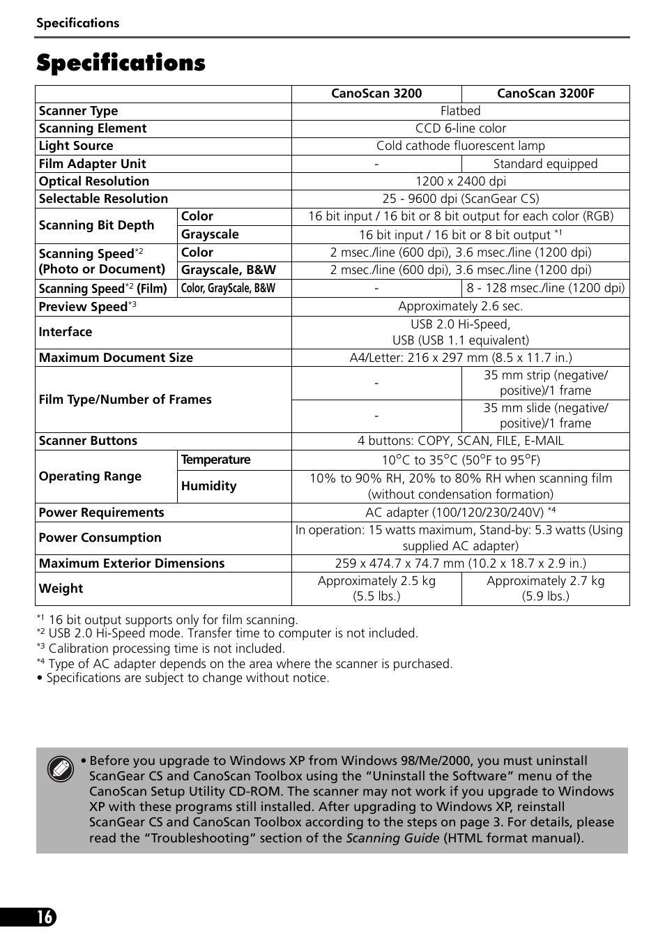 Specifications | Canon CanoScan 3200F User Manual | Page 18 / 20