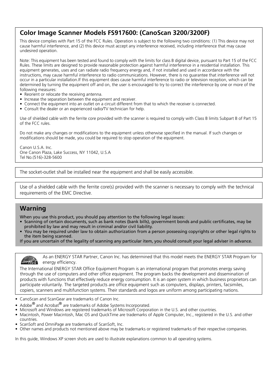 Warning | Canon CanoScan 3200F User Manual | Page 2 / 20