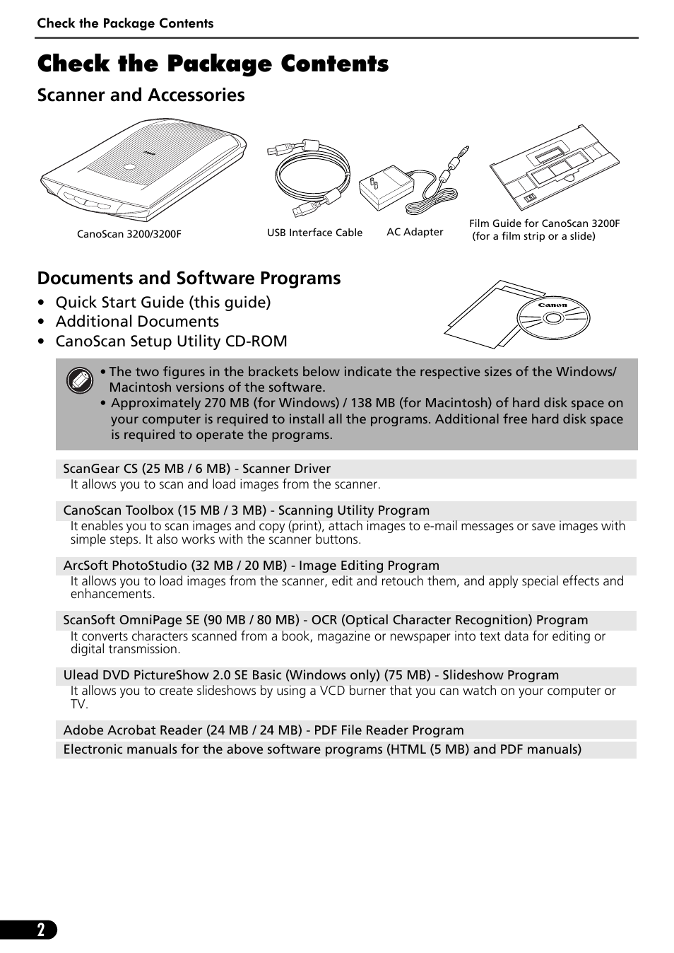 Check the package contents | Canon CanoScan 3200F User Manual | Page 4 / 20