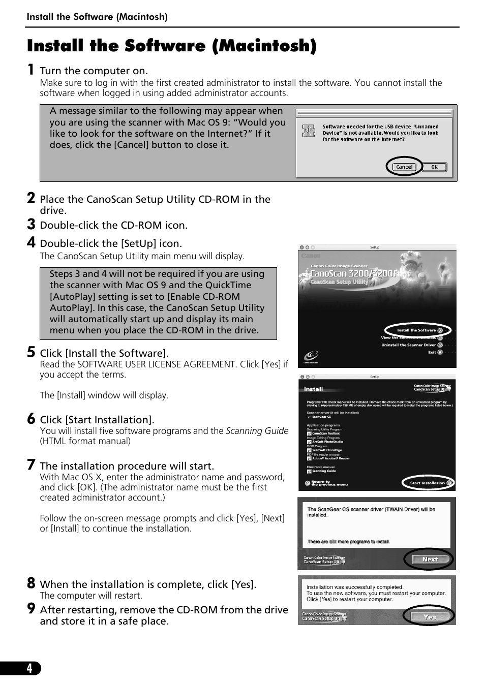 Install the software (macintosh) | Canon CanoScan 3200F User Manual | Page 6 / 20