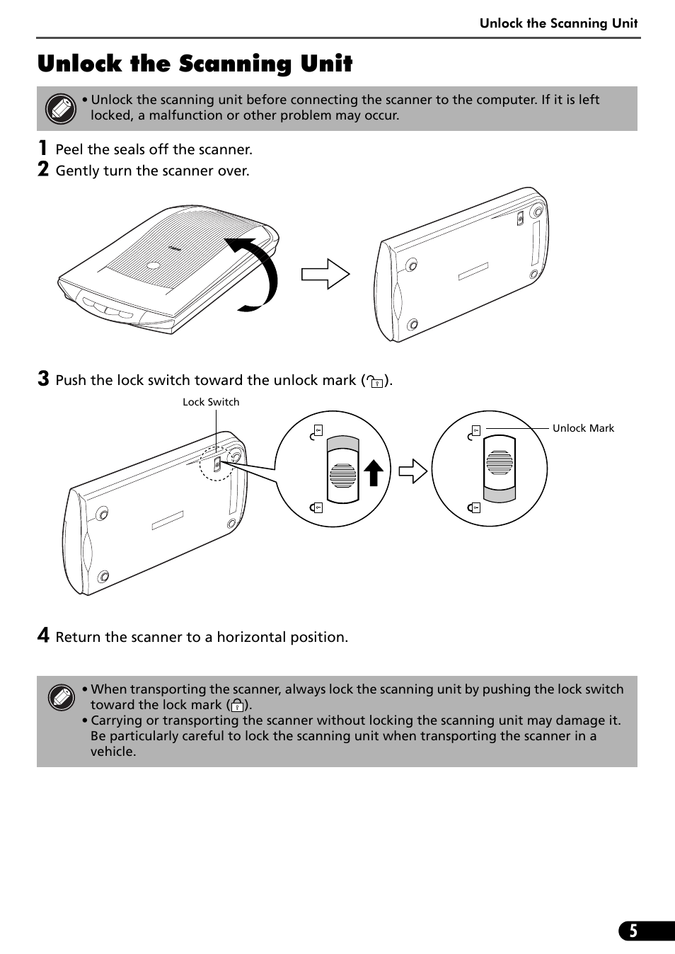 Unlock the scanning unit | Canon CanoScan 3200F User Manual | Page 7 / 20