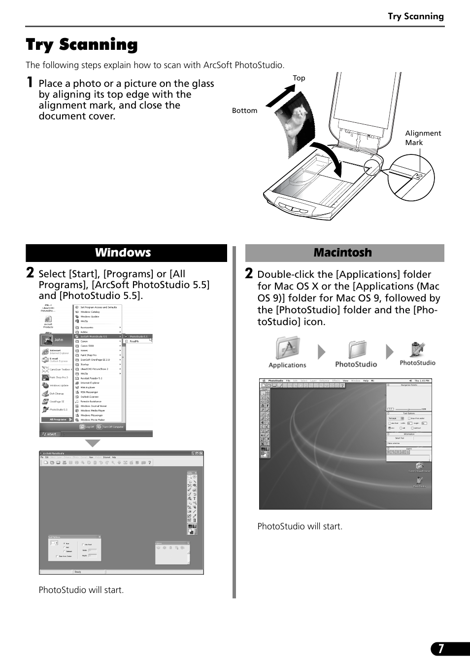 Try scanning, Windows, Macintosh | Canon CanoScan 3200F User Manual | Page 9 / 20