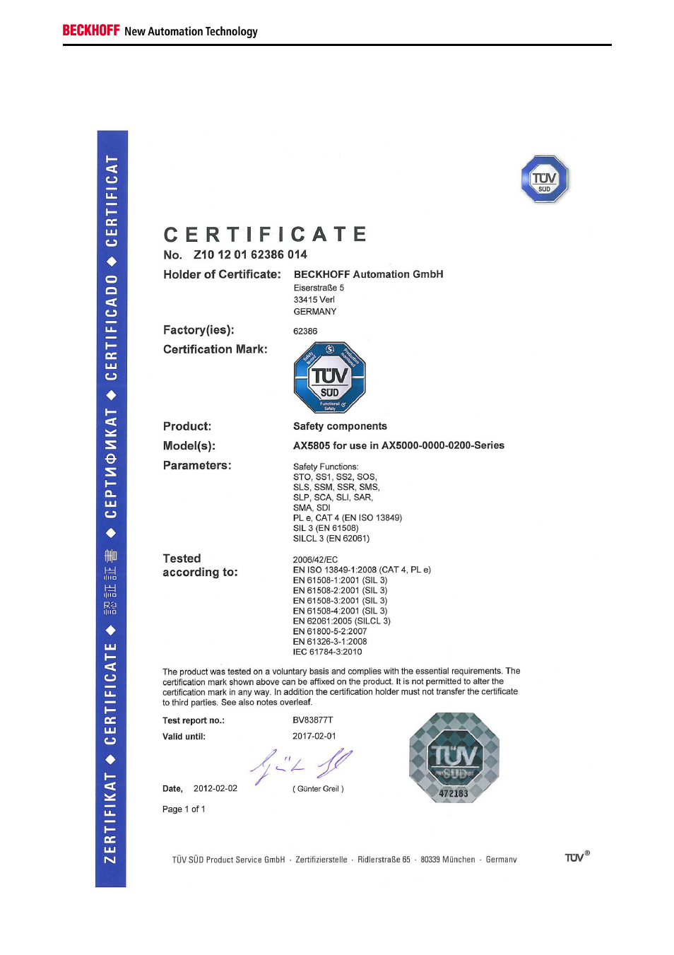 2 certificate | BECKHOFF AX5805 Permitted motors User Manual | Page 19 / 19