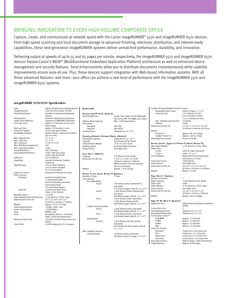 Imagerunner, Specifications, Accessories | Canon 6570 User Manual | Page 2 / 4
