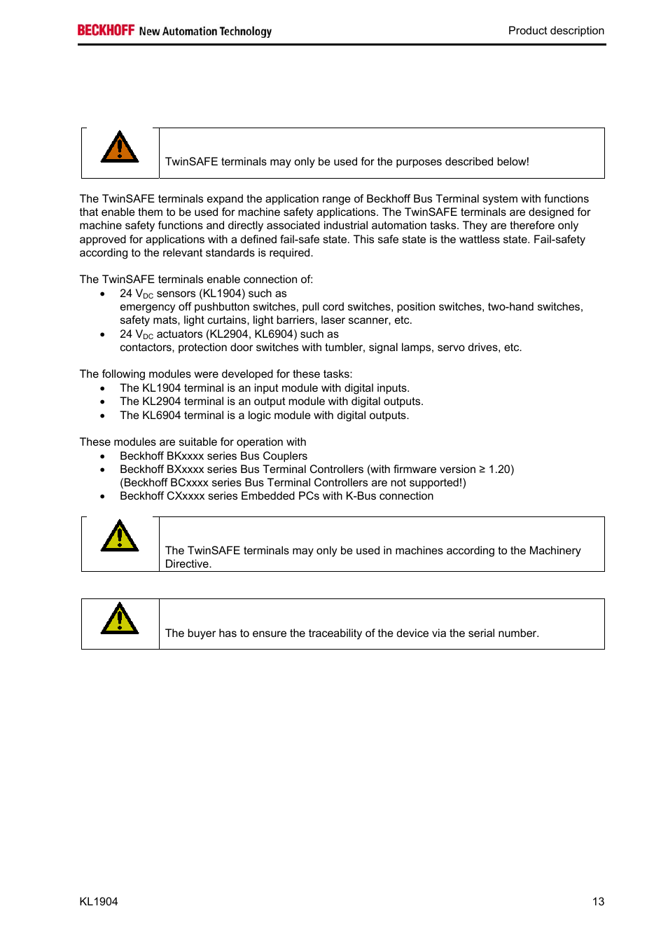 2 intended use | BECKHOFF KL1904 User Manual | Page 15 / 37