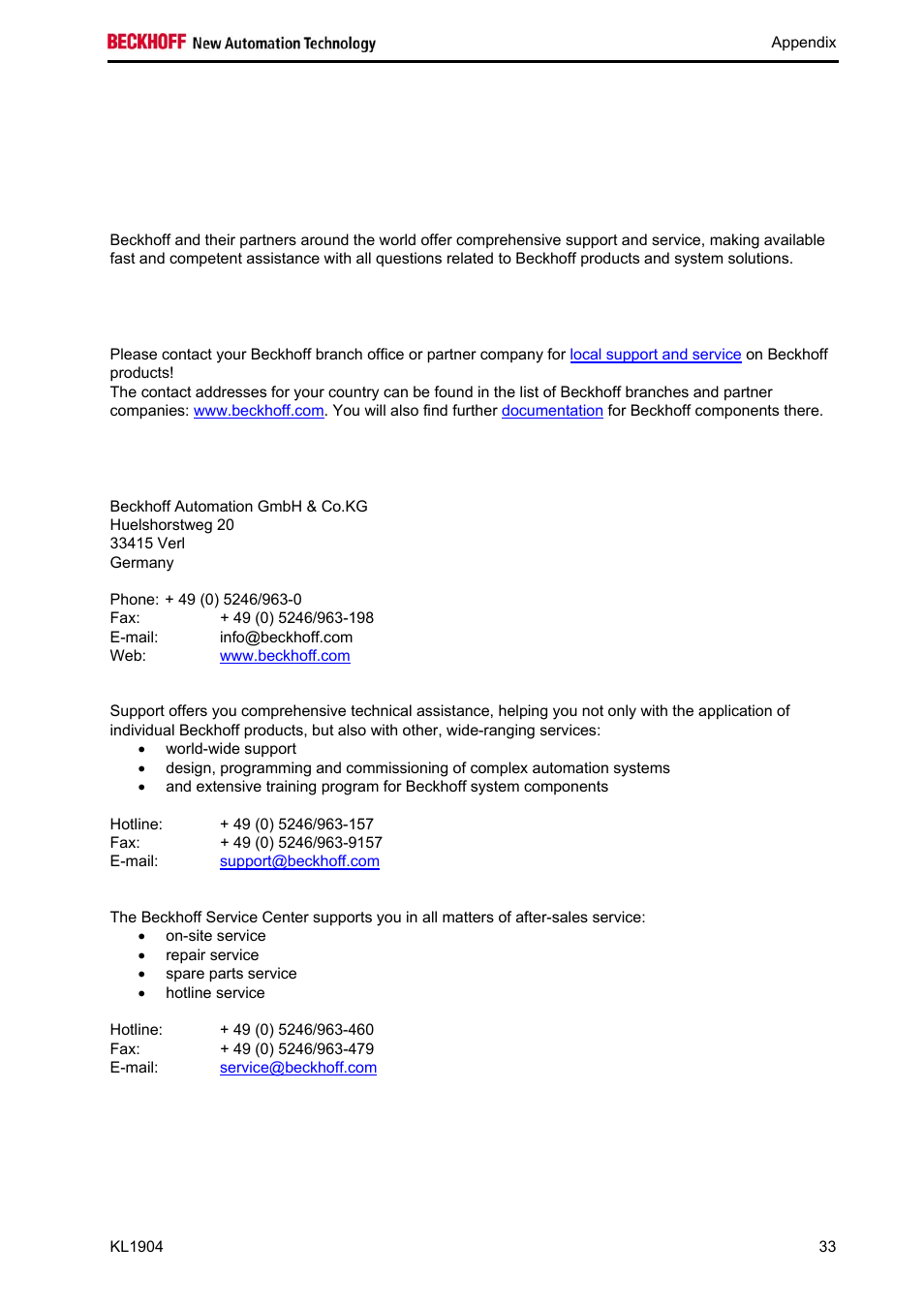 5 appendix, 1 beckhoff support and service | BECKHOFF KL1904 User Manual | Page 35 / 37