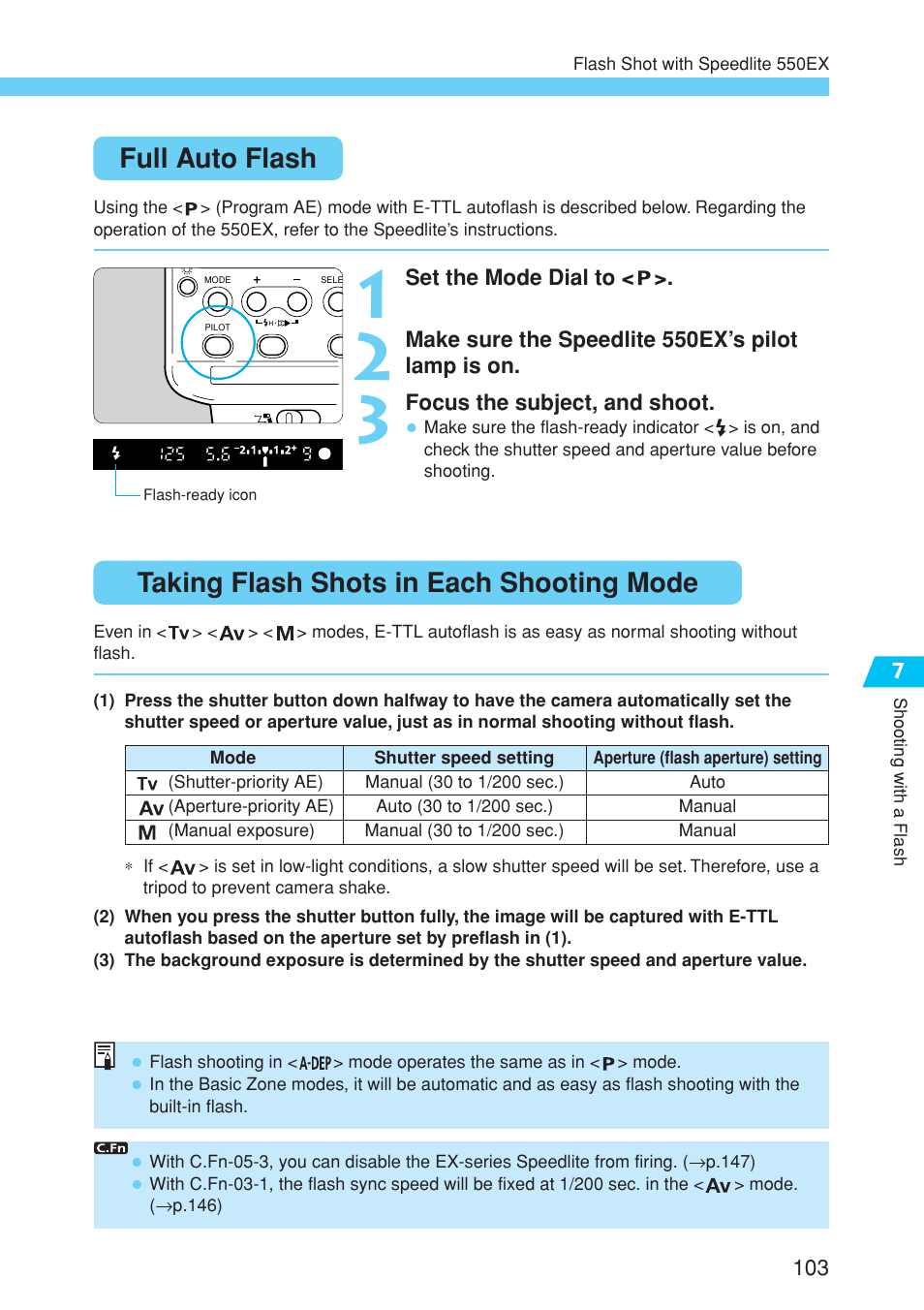 Full auto flash, Taking flash shots in each shooting mode | Canon EOS 10D User Manual | Page 103 / 183