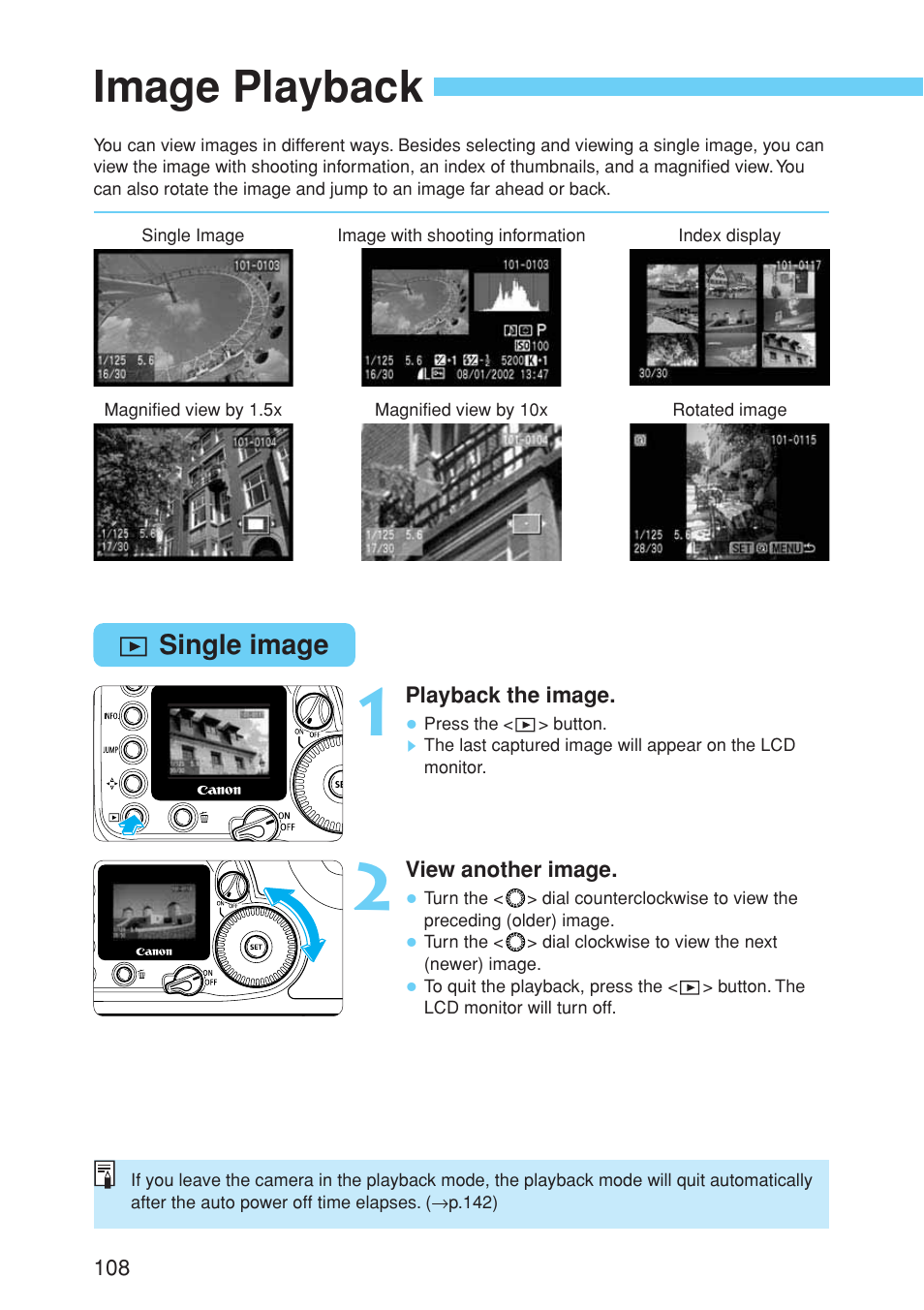 Image playback, Single image | Canon EOS 10D User Manual | Page 108 / 183