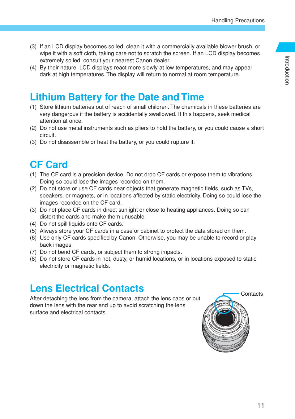 Lithium battery for the date and time, Cf card, Lens electrical contacts | Canon EOS 10D User Manual | Page 11 / 183