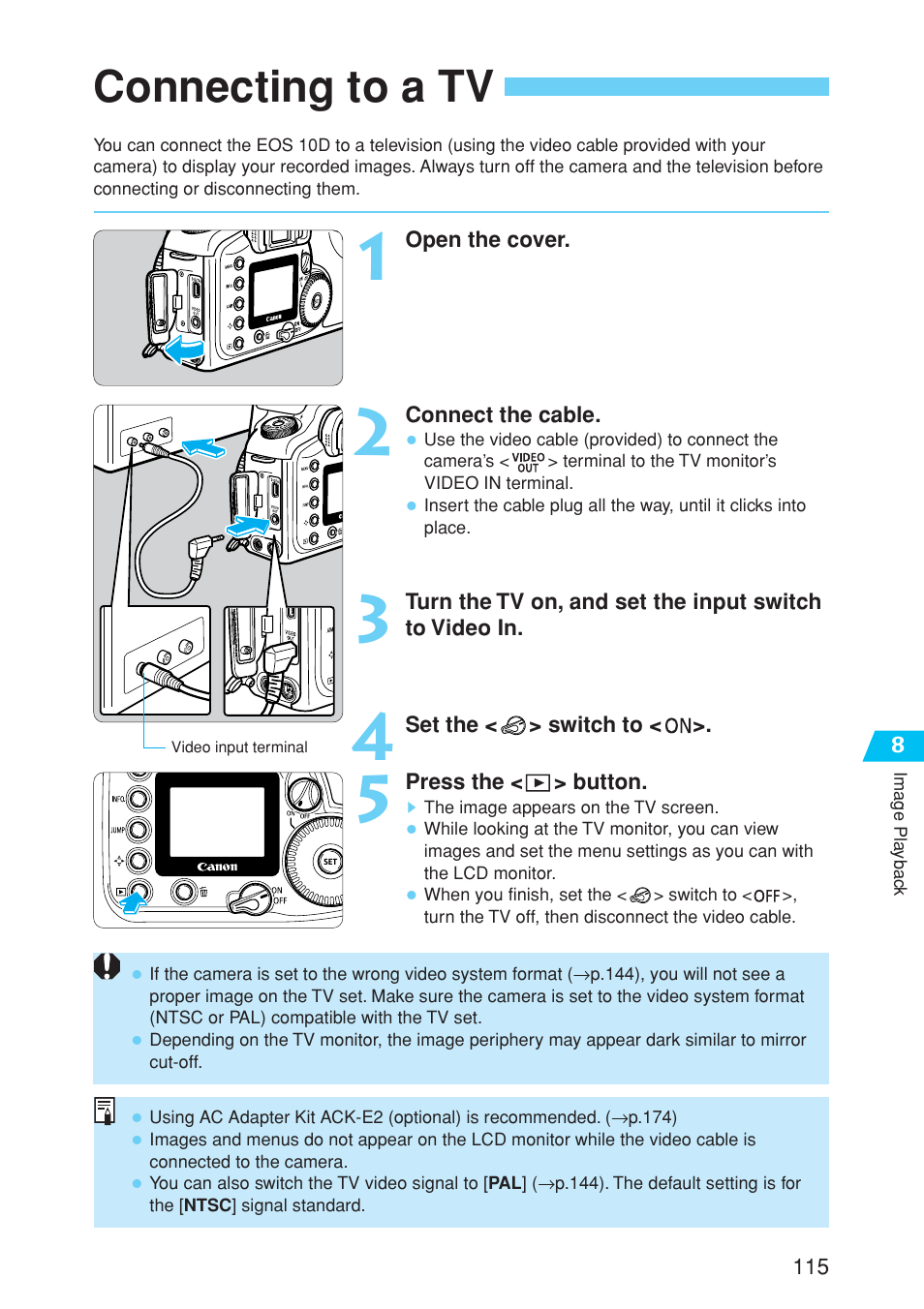 Connecting to a tv | Canon EOS 10D User Manual | Page 115 / 183