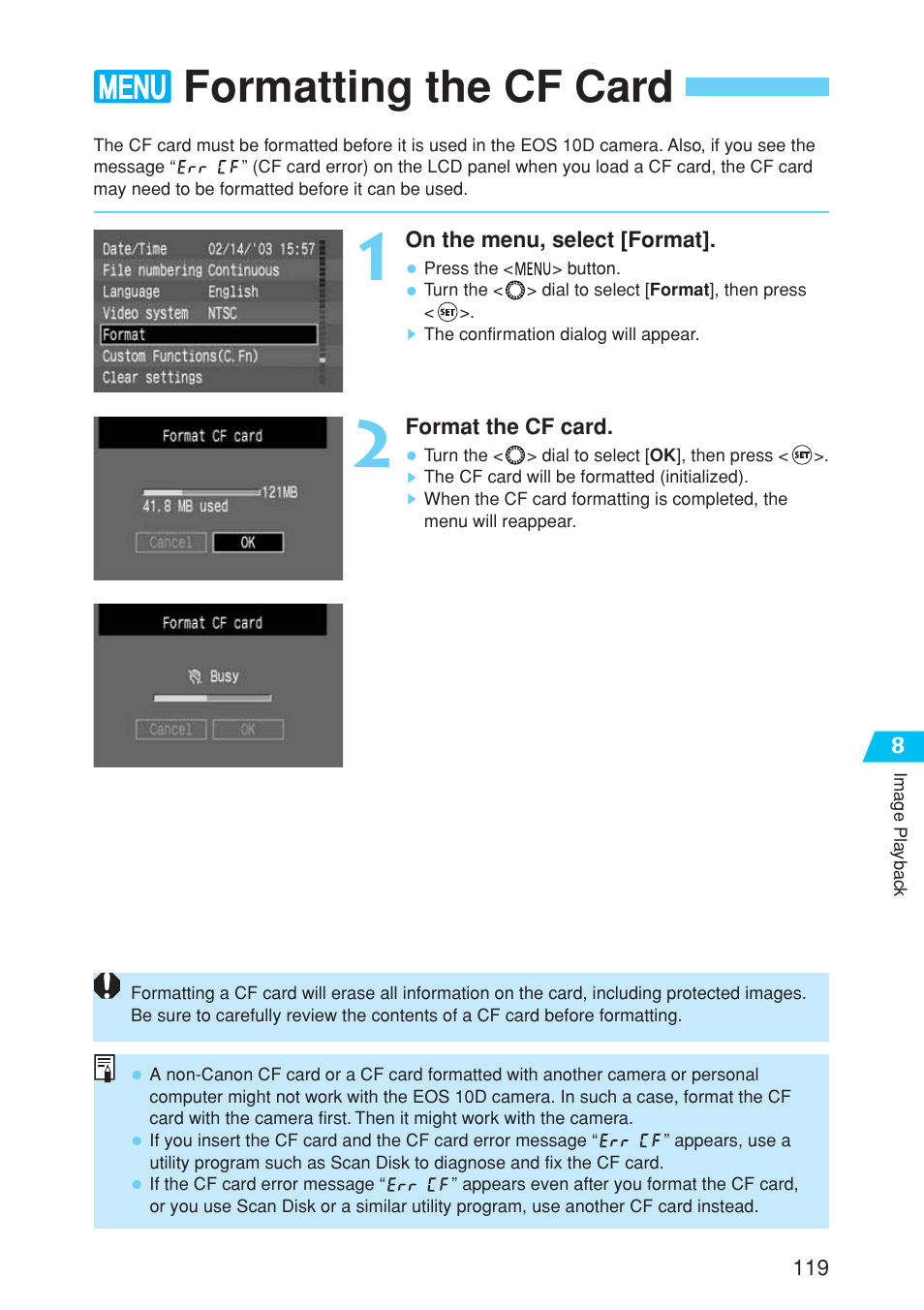 Formatting the cf card | Canon EOS 10D User Manual | Page 119 / 183