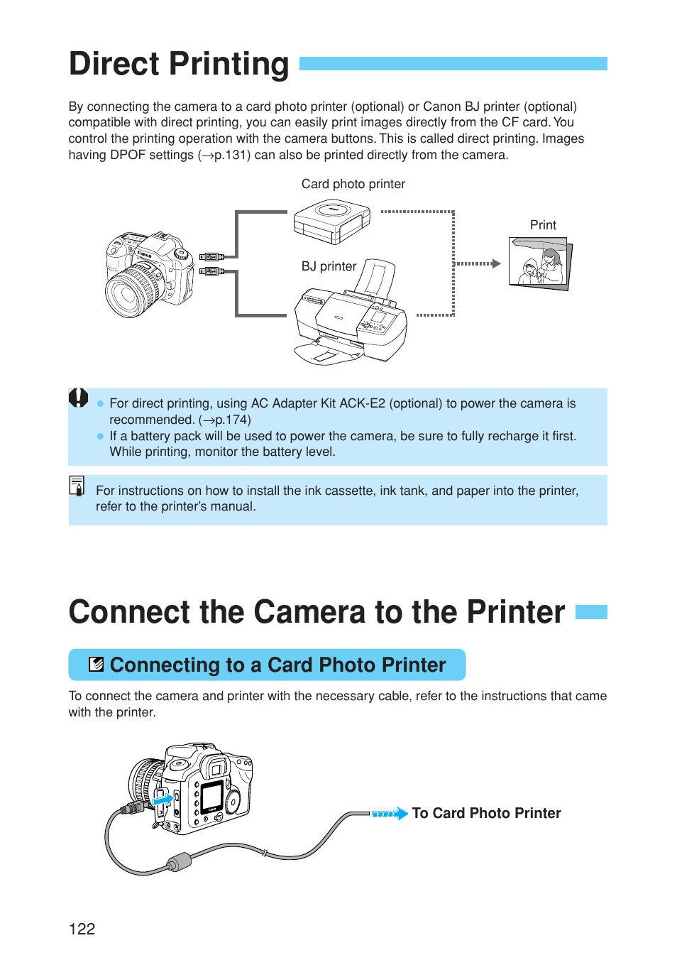 Direct printing connect the camera to the printer, Connecting to a card photo printer | Canon EOS 10D User Manual | Page 122 / 183