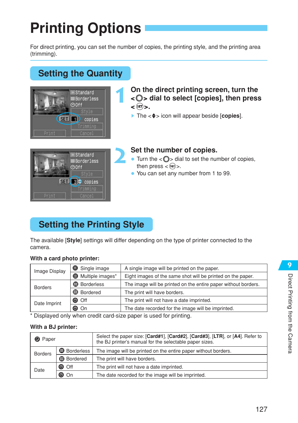 Printing options, Setting the quantity, Setting the printing style | Canon EOS 10D User Manual | Page 127 / 183
