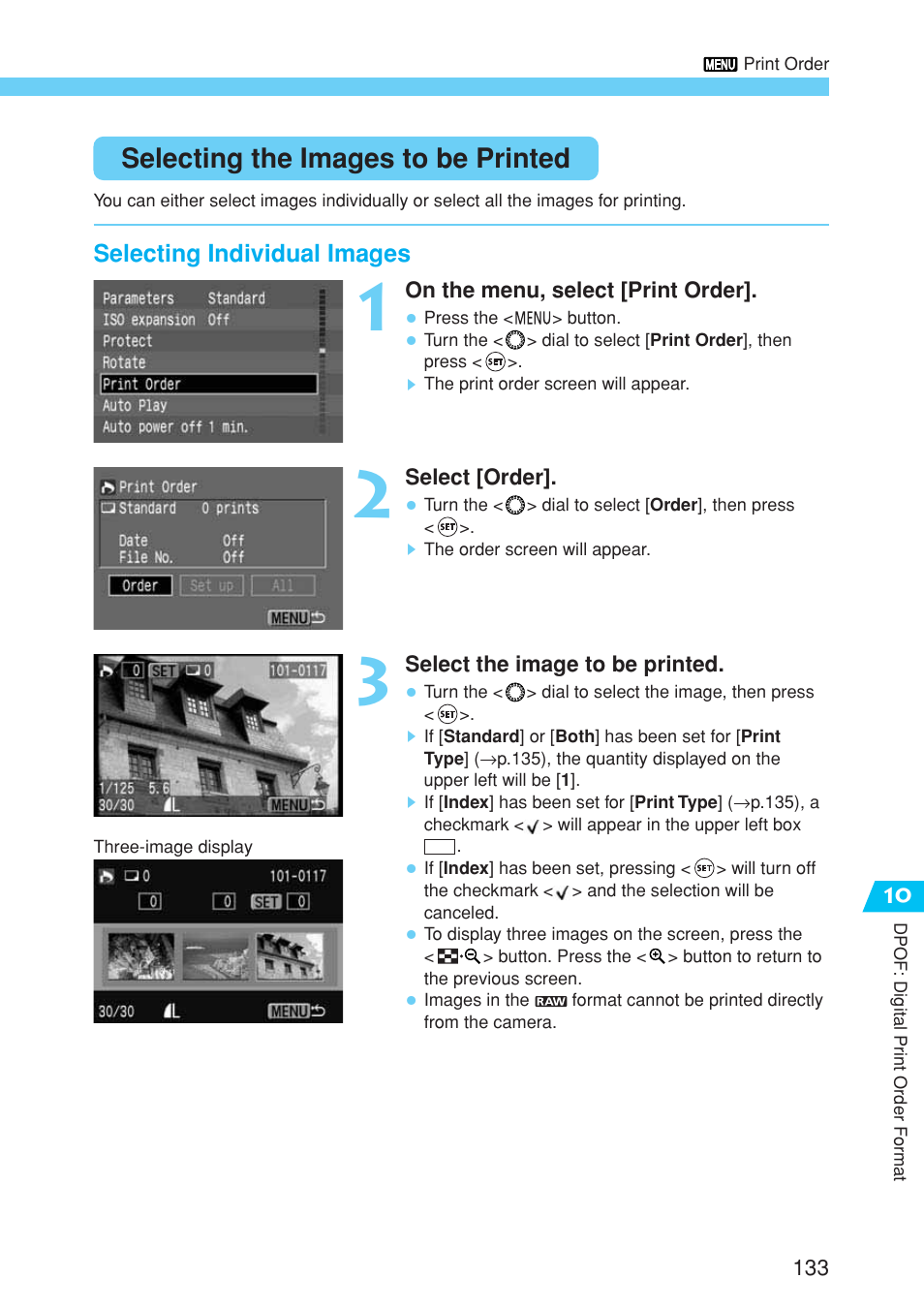 Selecting the images to be printed | Canon EOS 10D User Manual | Page 133 / 183