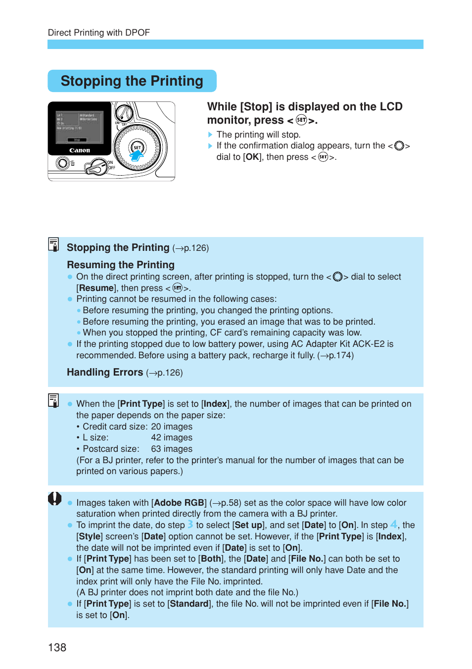 Stopping the printing | Canon EOS 10D User Manual | Page 138 / 183