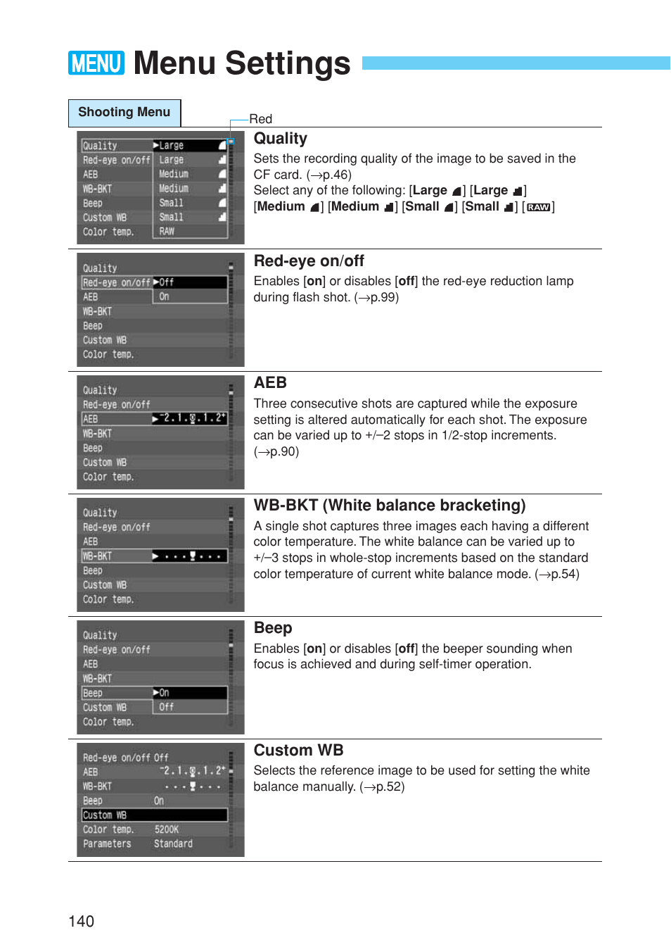 Menu settings | Canon EOS 10D User Manual | Page 140 / 183