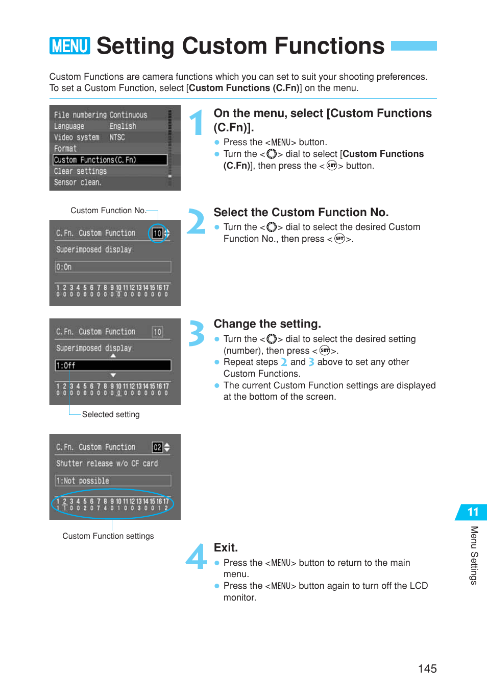 Setting custom functions | Canon EOS 10D User Manual | Page 145 / 183