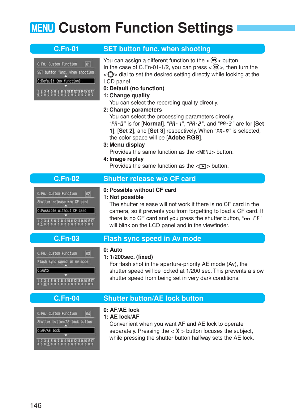 Custom function settings | Canon EOS 10D User Manual | Page 146 / 183