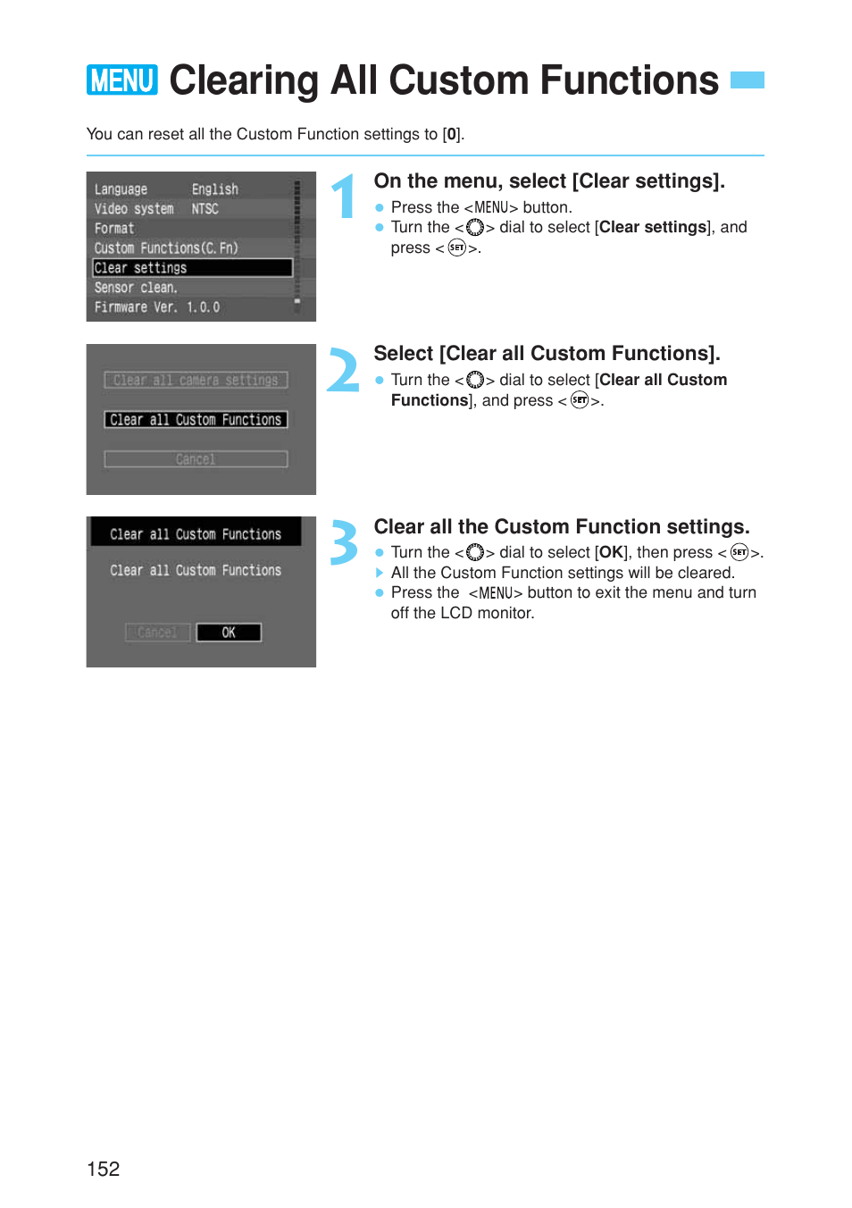 Clearing all custom functions | Canon EOS 10D User Manual | Page 152 / 183