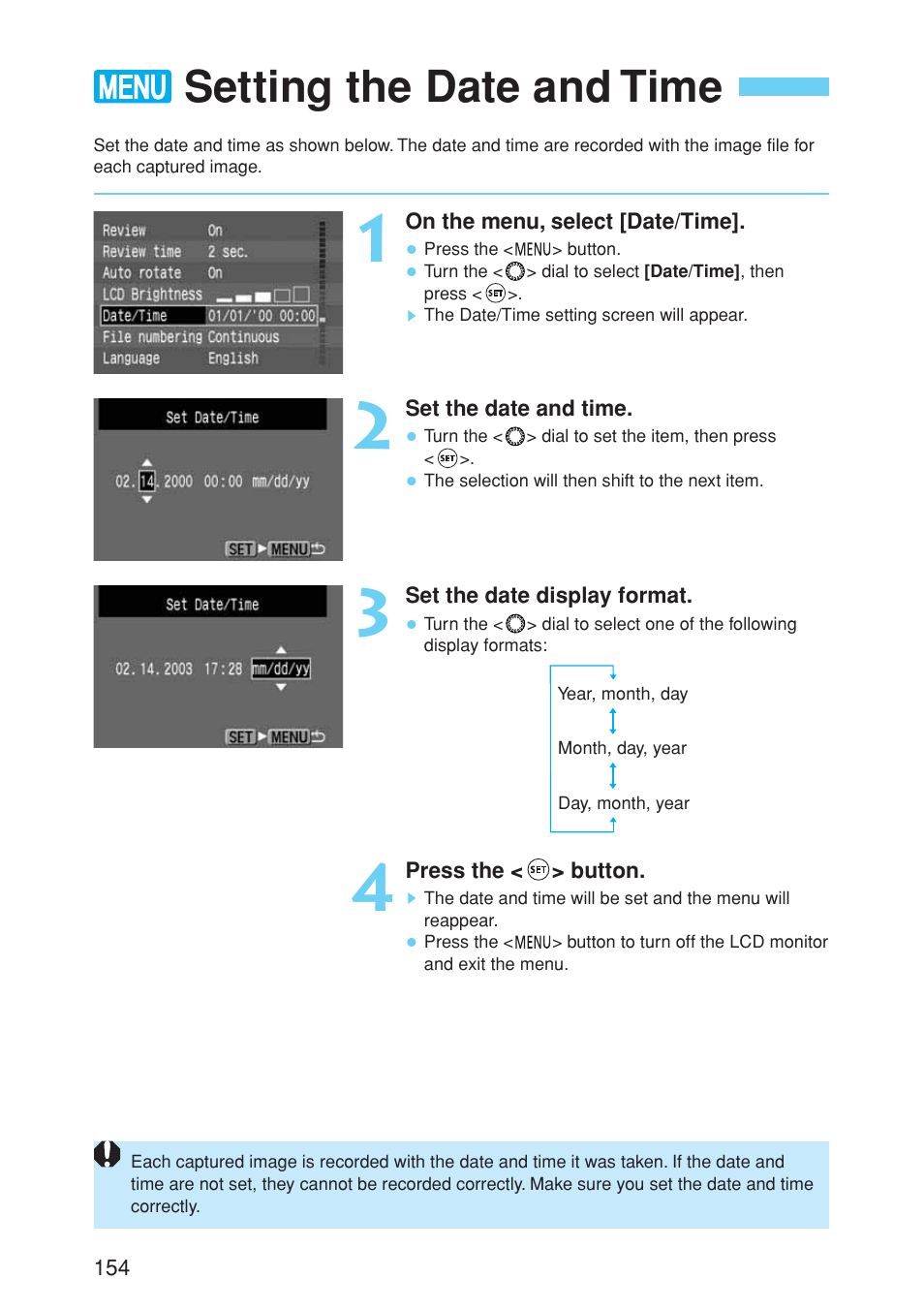 Setting the date and time | Canon EOS 10D User Manual | Page 154 / 183