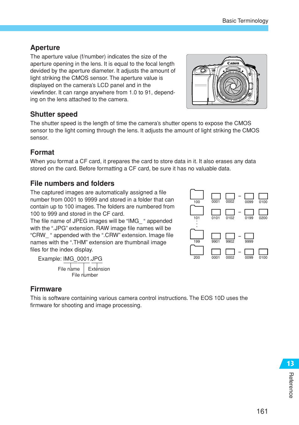 Aperture, Shutter speed, Format | File numbers and folders, Firmware, Ref erence, Basic terminology | Canon EOS 10D User Manual | Page 161 / 183
