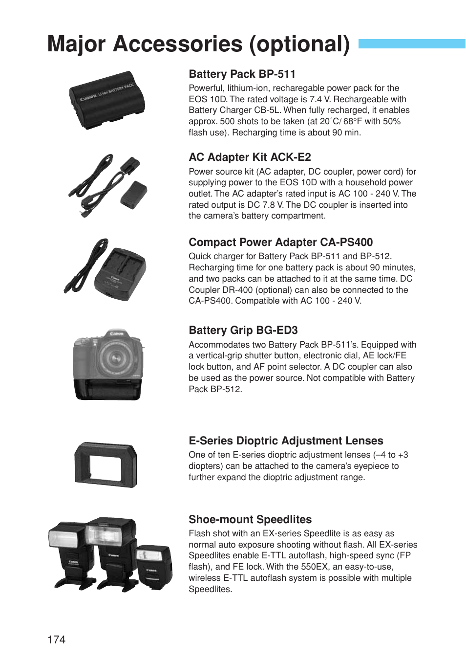 Major accessories (optional) | Canon EOS 10D User Manual | Page 174 / 183