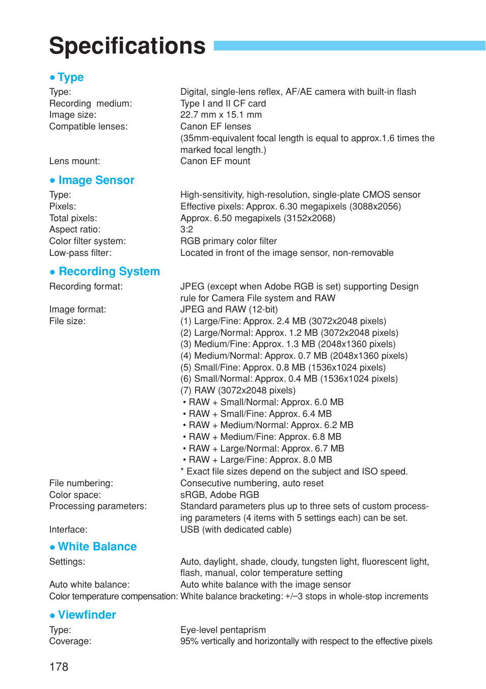 Specifications | Canon EOS 10D User Manual | Page 178 / 183