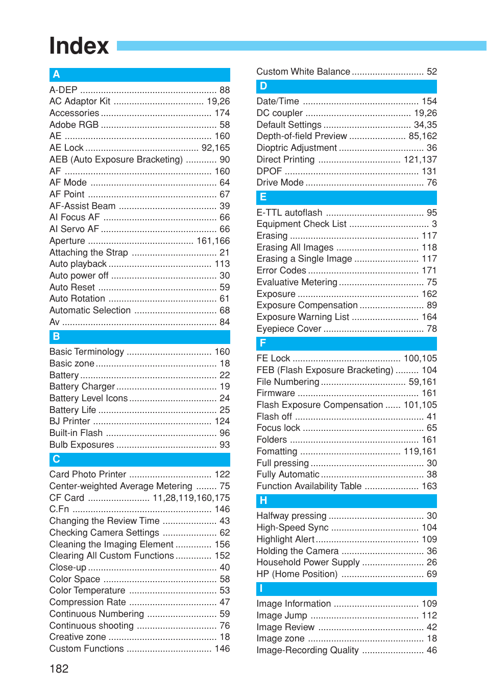 Index | Canon EOS 10D User Manual | Page 182 / 183