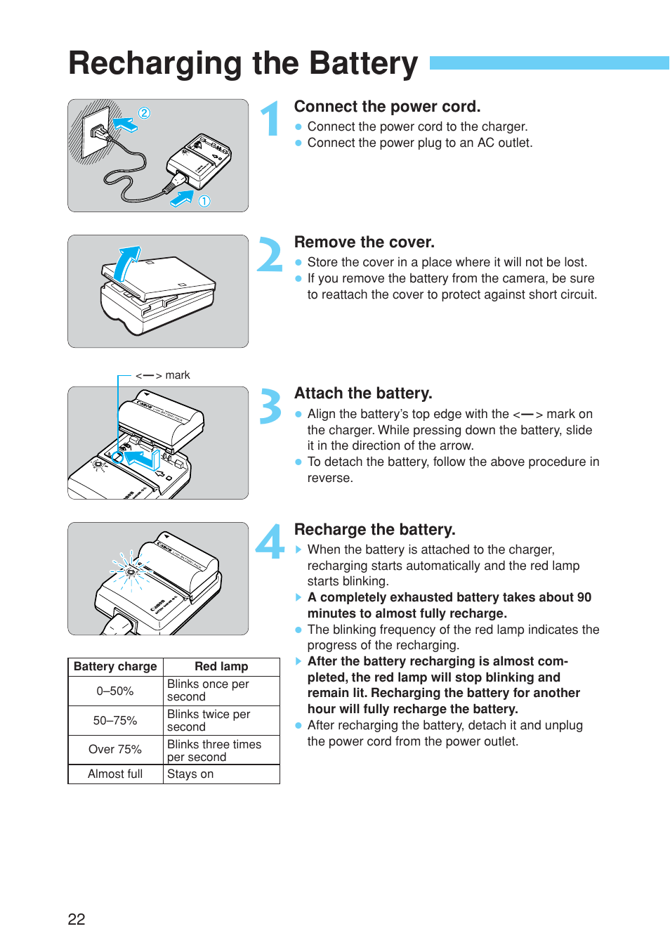 Recharging the battery | Canon EOS 10D User Manual | Page 22 / 183