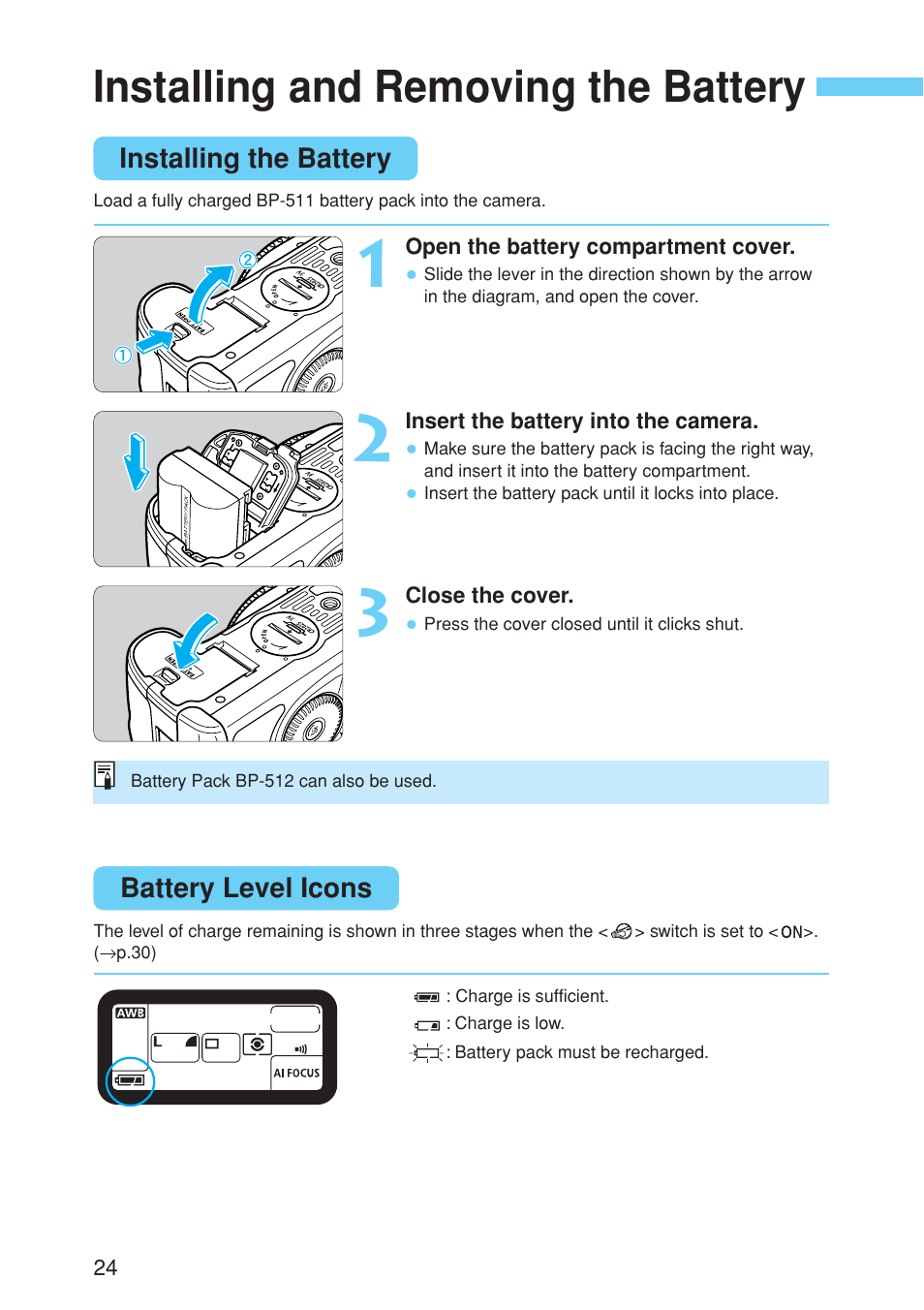 Installing and removing the battery | Canon EOS 10D User Manual | Page 24 / 183