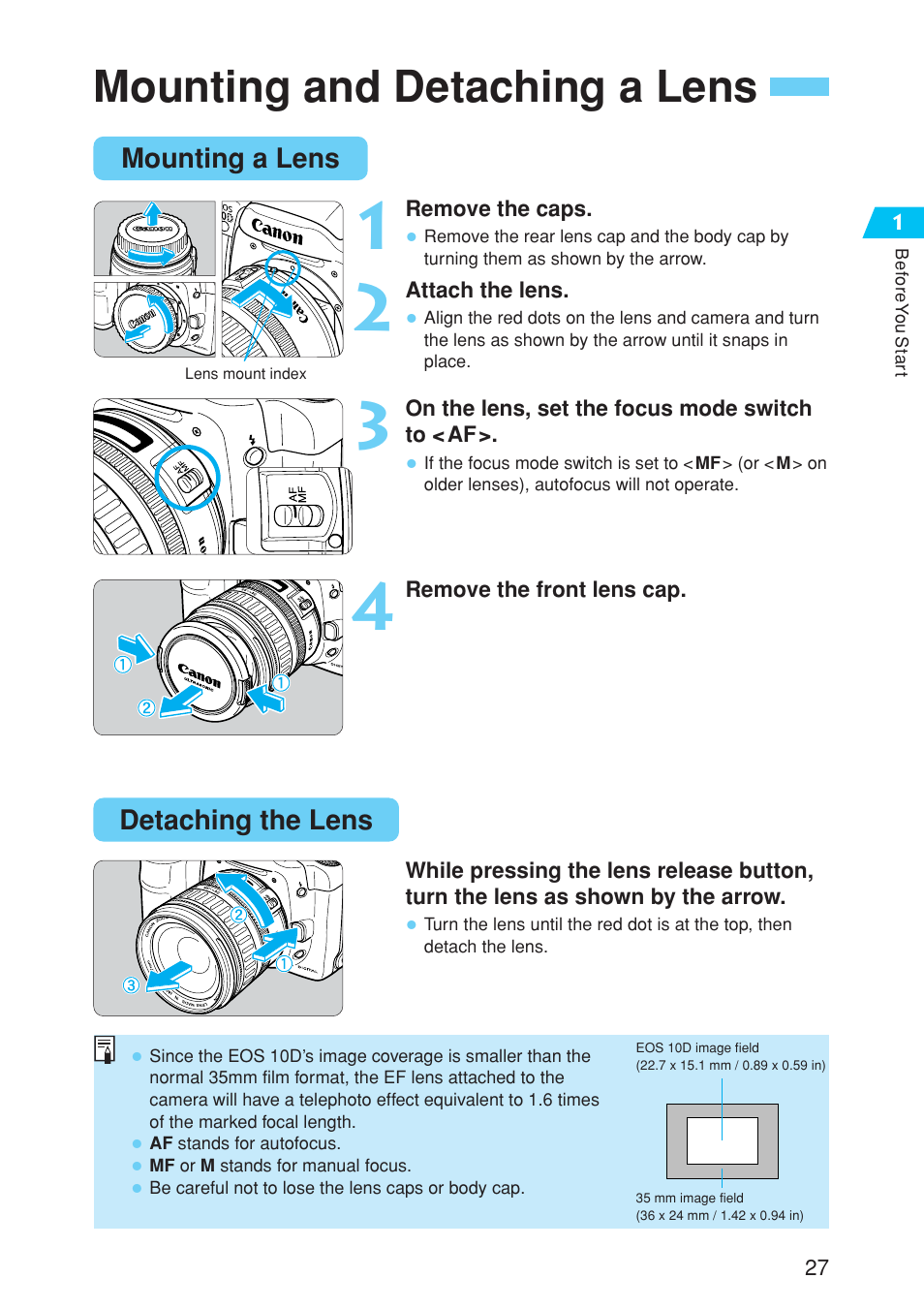 Mounting and detaching a lens | Canon EOS 10D User Manual | Page 27 / 183