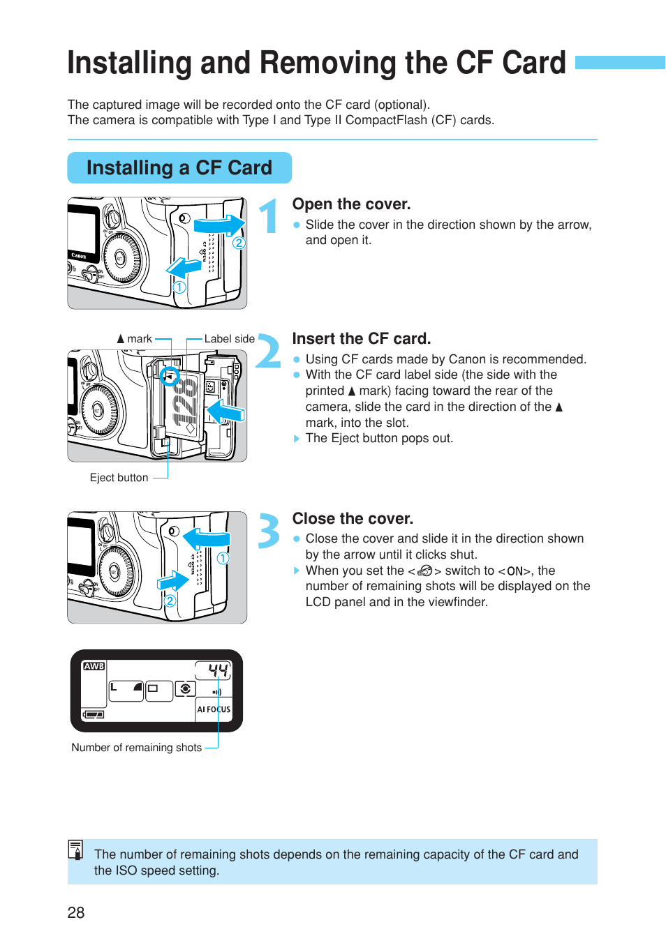 Installing and removing the cf card | Canon EOS 10D User Manual | Page 28 / 183