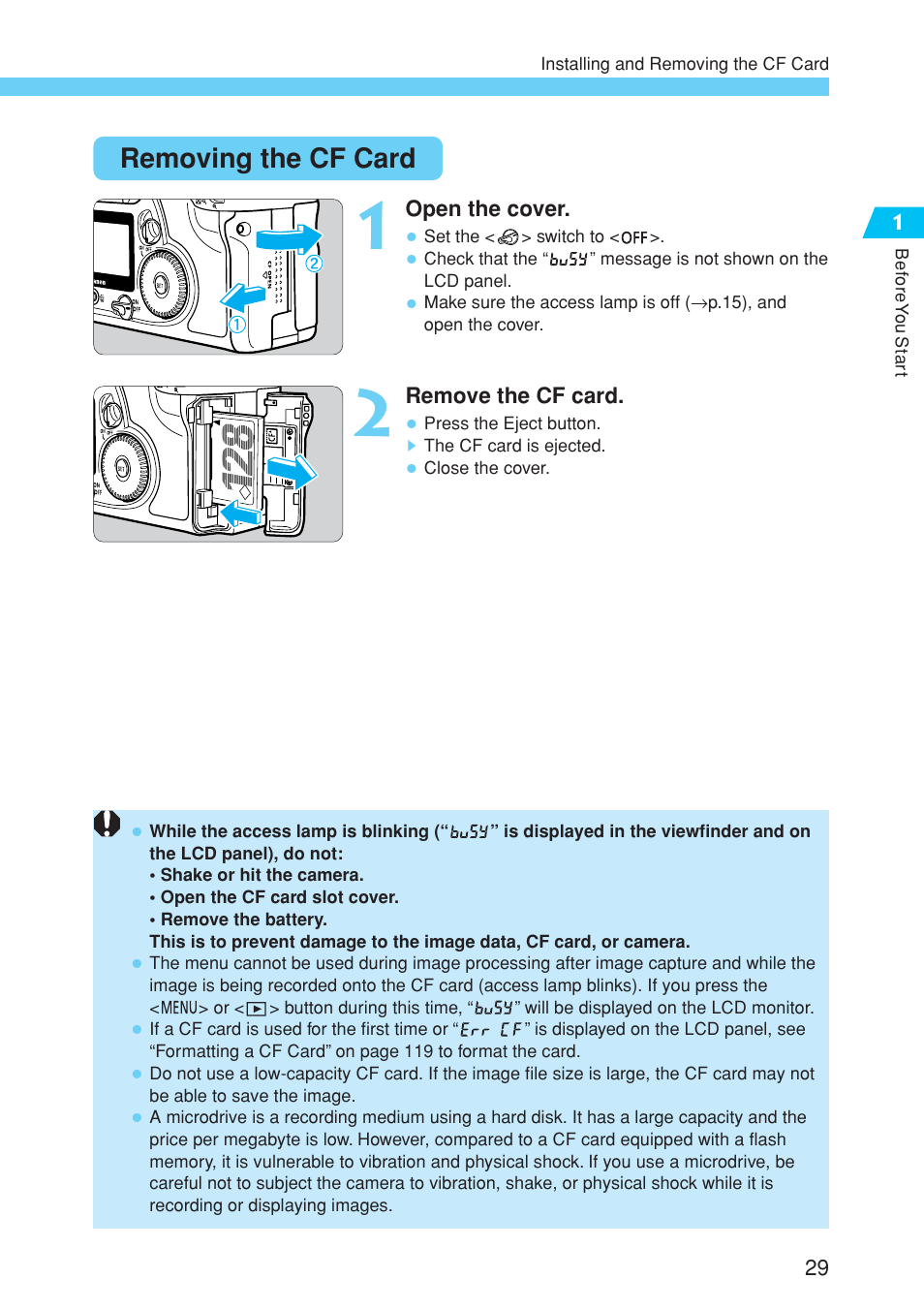 Removing the cf card | Canon EOS 10D User Manual | Page 29 / 183