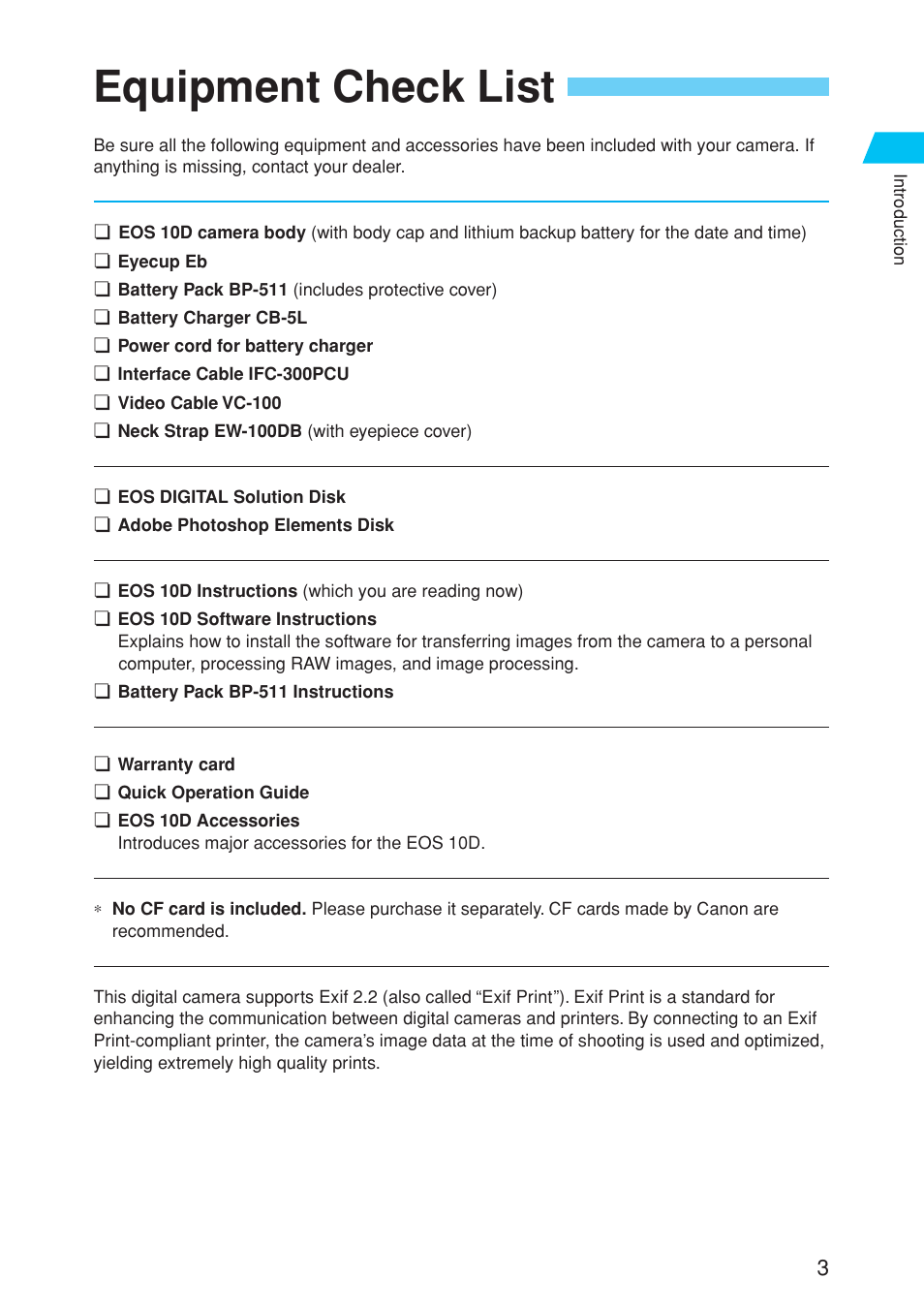 Equipment check list | Canon EOS 10D User Manual | Page 3 / 183