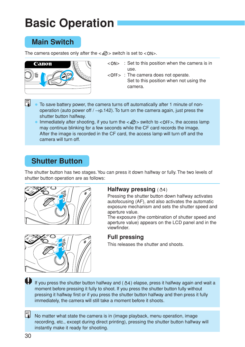 Basic operation, Main switch shutter button | Canon EOS 10D User Manual | Page 30 / 183